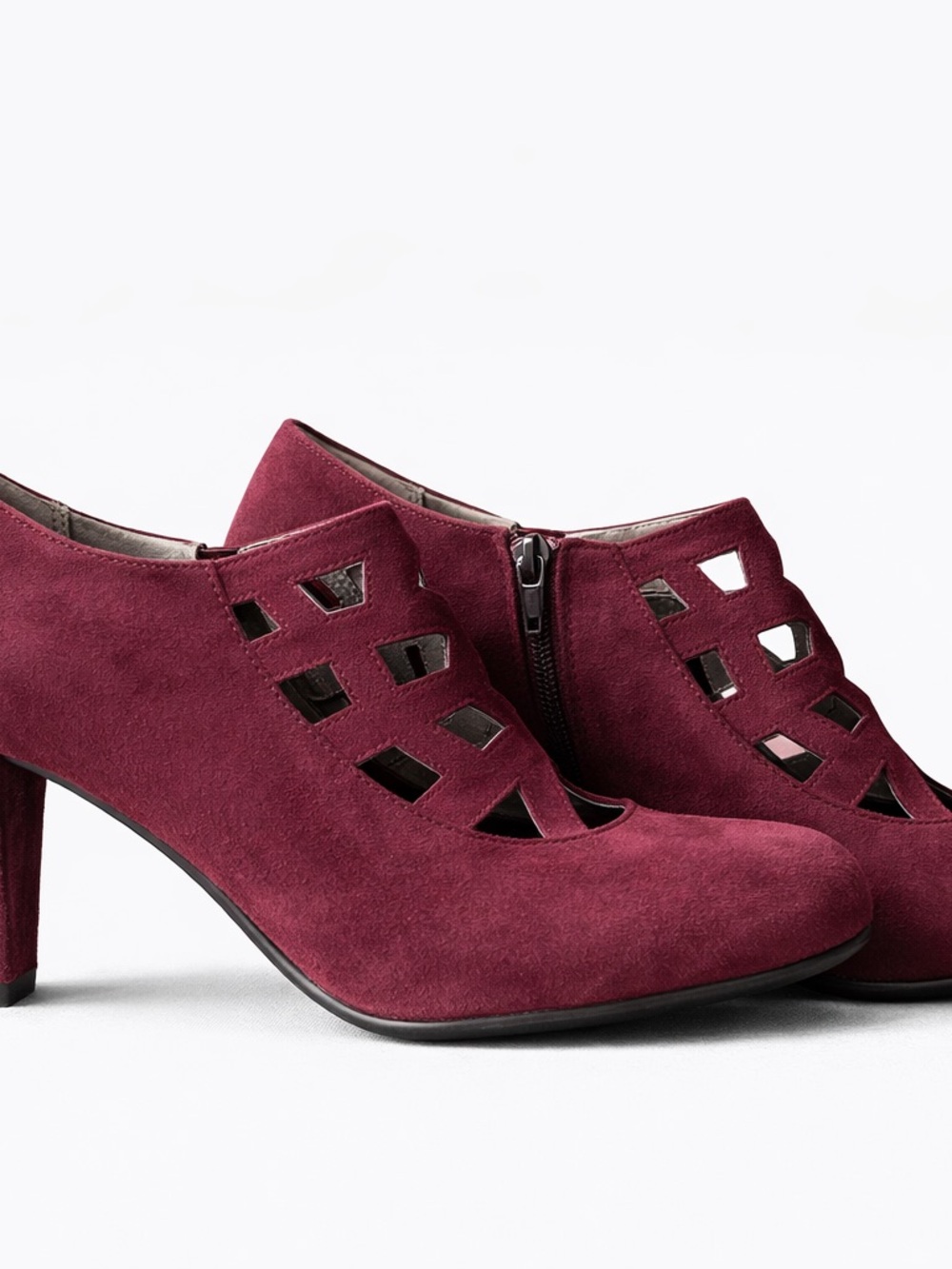 Suede Cutout Heeled Booties in Burgundy